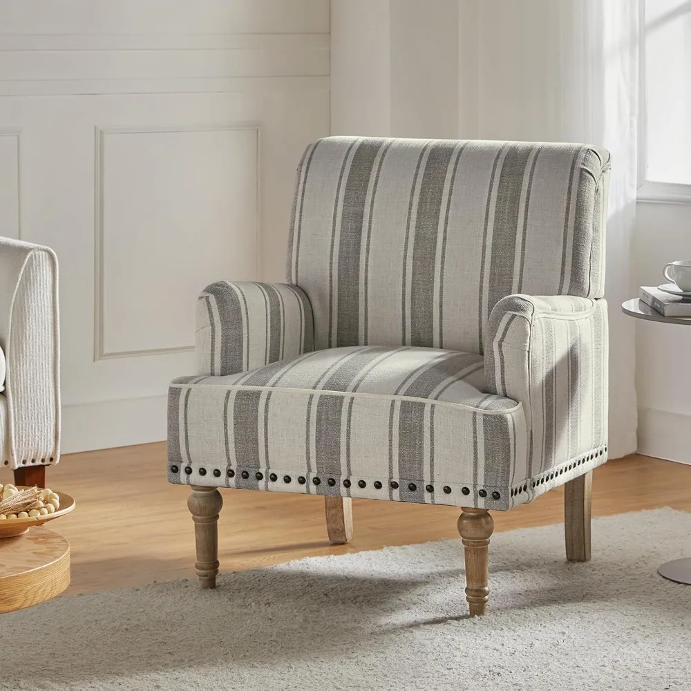 

Modern Accent Chair Upholstered Armchair with Wooden Legs Nailhead Trim Stripe Pattern Grey for Living Room Bedroom