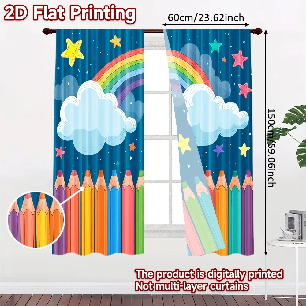 2D flat printing 2pcs Party Curtain Rainbow and Colored Pencils Digital Printed Polyester Drapes Birthday Party for Holiday