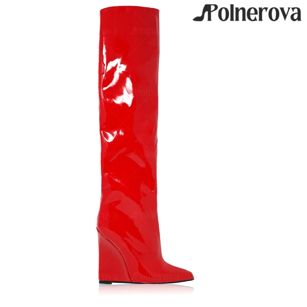 

Patent Leather Wedge Tubular Boots Fashion Style Pointed Toe Handmade Boots Classic Style Slip-On Boots Custom Multicolor Boots