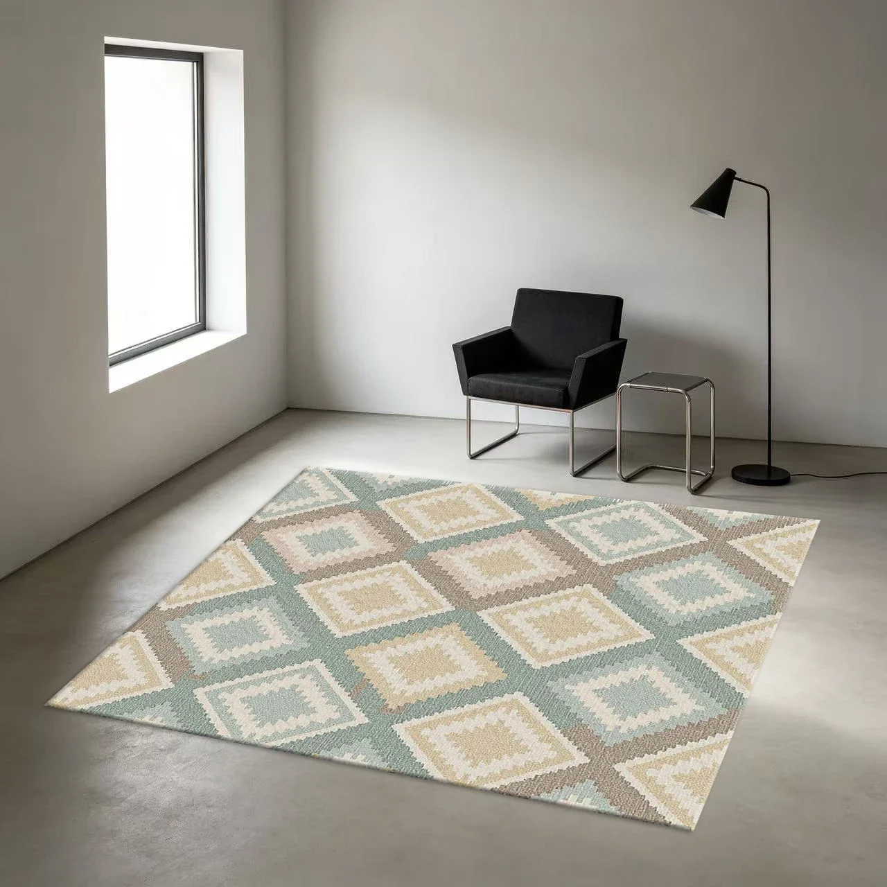 Bohemian Style Kilim Carpet, Diamond Geometric Pattern, Non-Slip Printed Carpet, Suitable for Living Room, Bedroom, and Home Flo