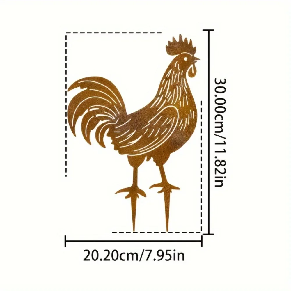 Large Sturdy Metal Rooster Stakes, Rustic Farmhouse Decor, Natural Rust-Resistant Finish, Suitable for Outdoor/Indoor Garden Terrace, Sold Individually