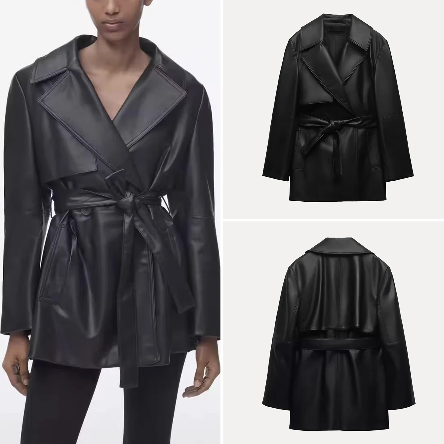 Z 2025 Nieuwe Faion ort Lederen Jaet Ele Aosphere Dameskleding Woon-werk Sle Lange Sve Pak Kraag