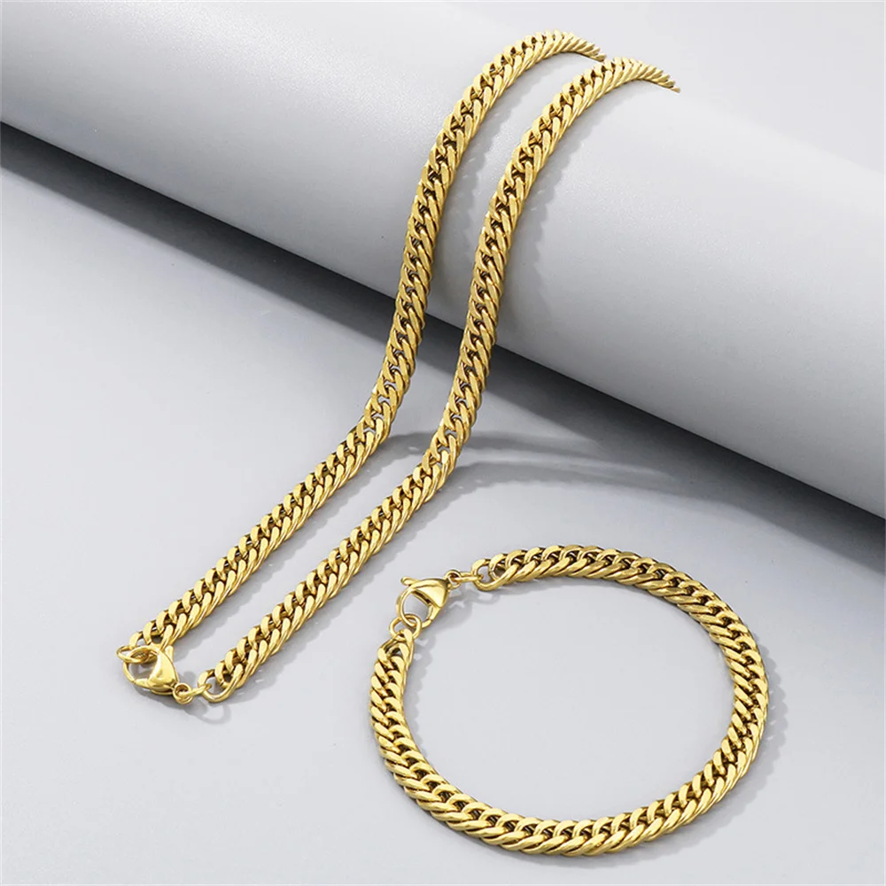 Punk Cuban Link Bracelet Necklace Set 6.5mm Gold Color Stainless Steel Chains for Men Women Dubai Fashion Party Jewelry Sets