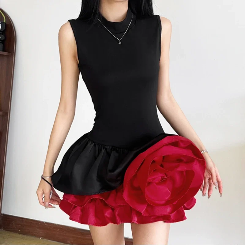 French Retro 3D Rose Birthday Dress Women\'s Sweet Round Neck Sleeveless Slim Waist Short Mini Dress Spicy Girl Floral Bud Dress