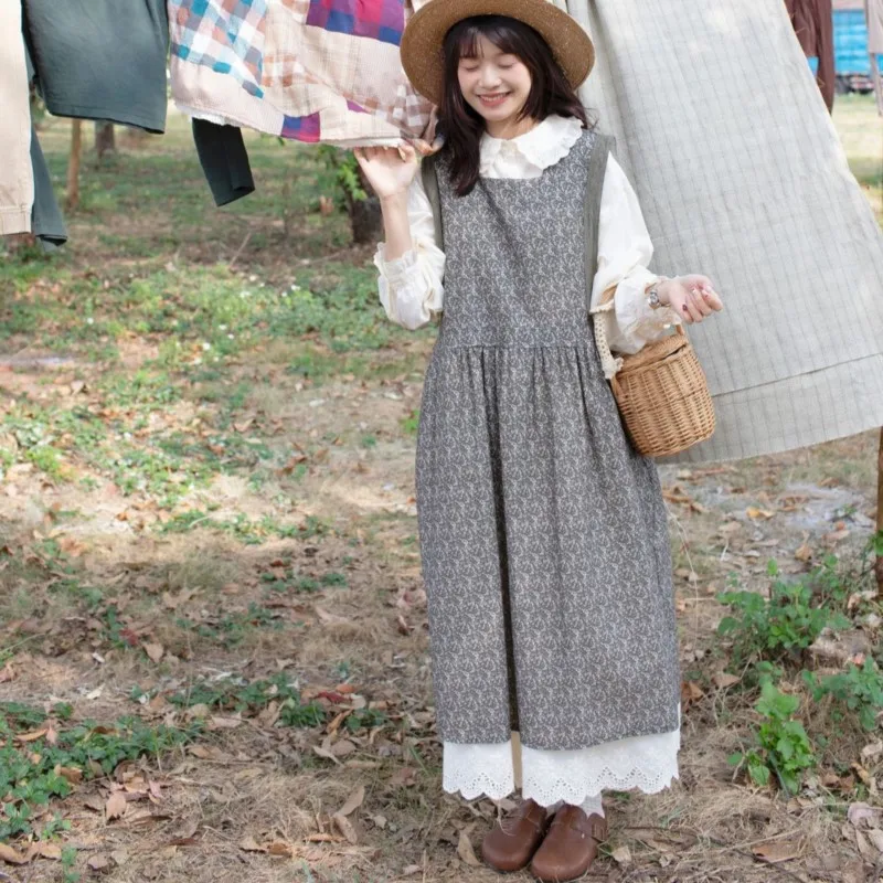 Johnature 2025 vestido de primavera novo doce vestido floral feminino vintage japonês casual solto camadas bainha externa vestidos colete de renda