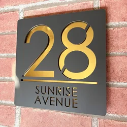Customized Exterior Matte Dark Grey Acrylic Modern House Number Sign Door Plate Street Name Address Plaque with Mirror Gold Text