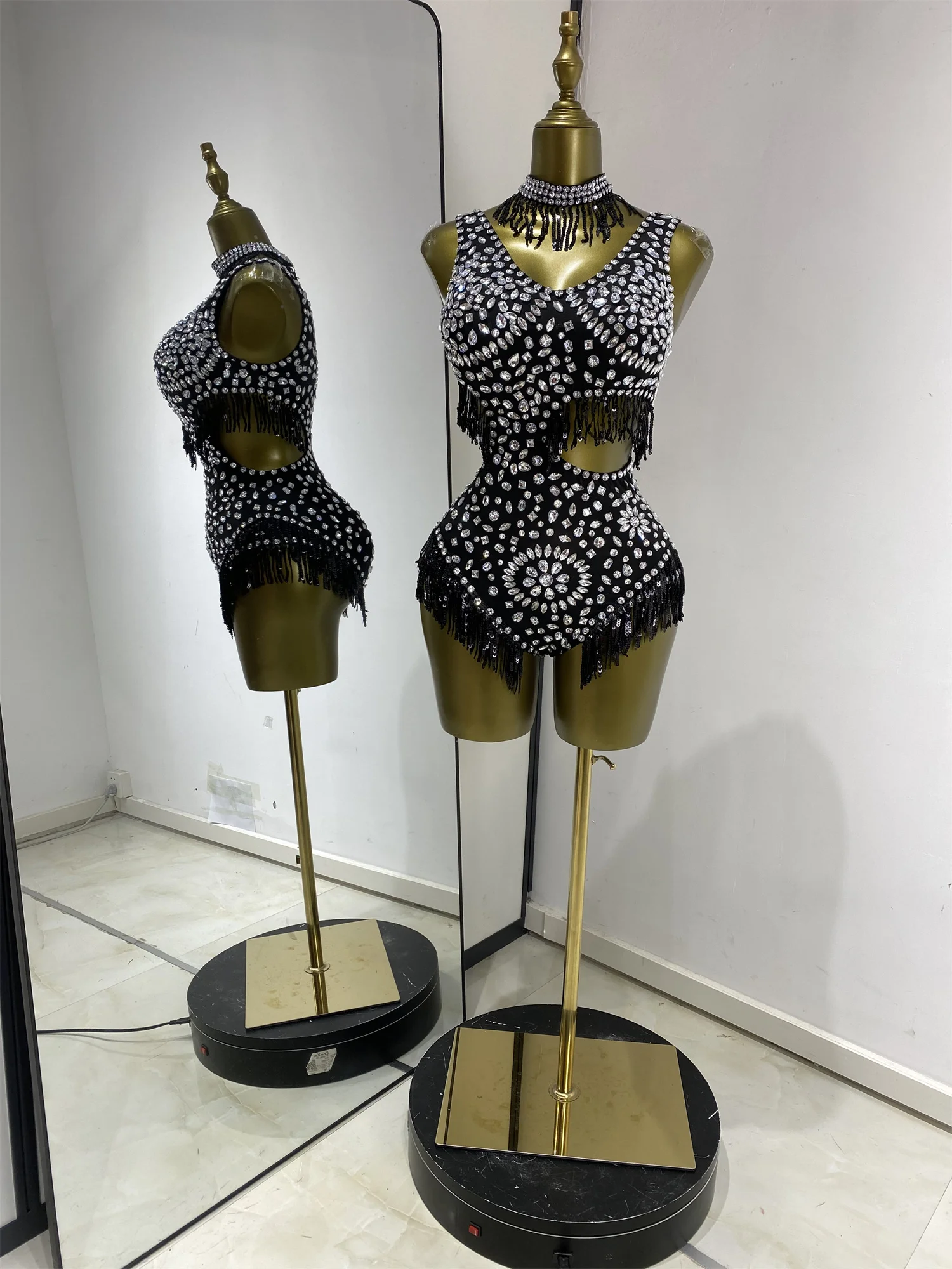 

Women Black Sparkly Rhinestones Tassel Cut Out Bodysuit With Choker Evening Club Party Dancer Singer Performance Costumes