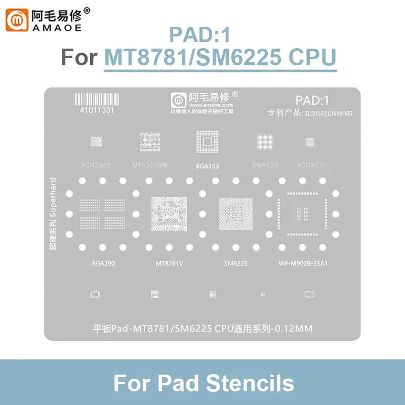 AMAOE Pad1 BGA Reballing stensil MT8781V/SM6225/M902B-SSA1 0.12MM Solder pemeliharaan CPU templat jaring baja timah