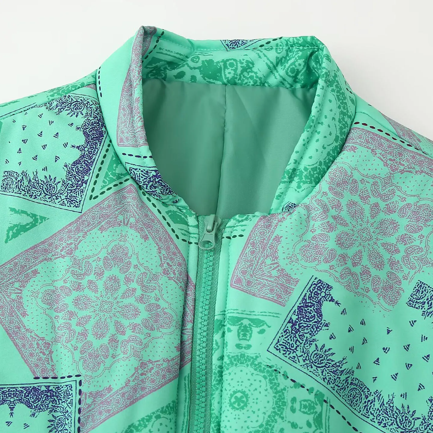 Fashionable Retro Long Sleeve Stand Collar Printed Jacket Women's Autumn Outerwear Zipper Closure Personalized Style ZADATA