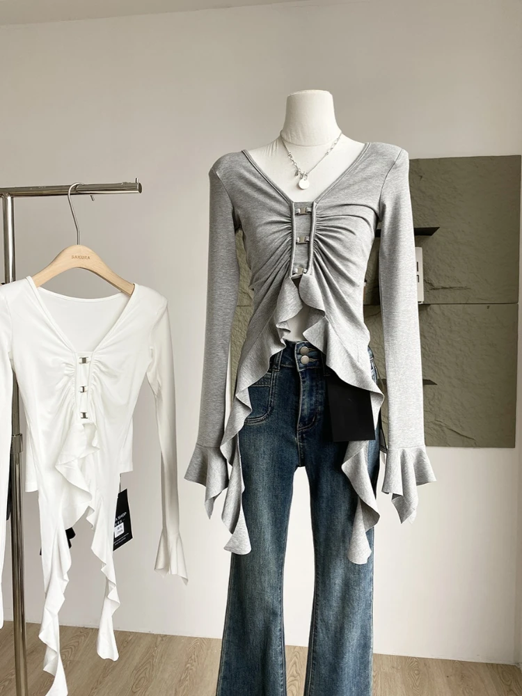 

Spring Women Dark Academia Gyaru Shoujo Top Coquette Gothic T-Shirts 2000s Hot Sexy Y2k Long Sleeve Hollow Out Tee Design