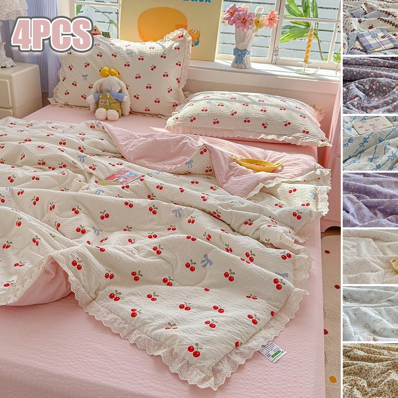 Summer Quilt Bedding Set Romantic Floral Puff Washed Cotton Bed Cover with Lace Edge Machine Washable for Apartment Bedroom