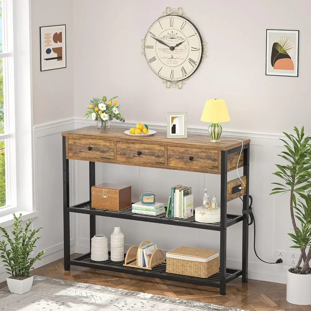 Entryway Table with Outlets and USB Ports, Console Table with 3 Drawers, Sofa Table Narrow Long with Storage Shelves for Living