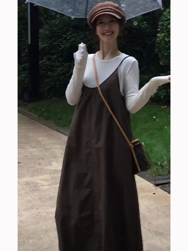

plus Size 300 Pounds Women's Casual Style Brown Flower Print Strap Dress Sleeveless Student Long Skirt Autumn Season Fashion