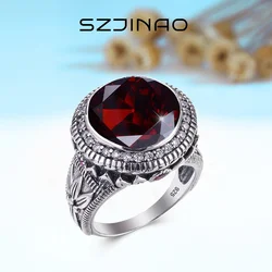 Szjinao Top Quality 15*15mm Massive Round Garnet Rings For Man Birthday Anniversary Party Gift Luxury Trend Silver 925 Jewelry