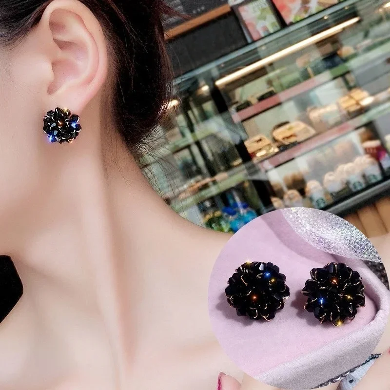 Delysia King Women High-grade Crystal Birthday Party Earrings Trendy Flower Elegant Temperament Banquet Ear Stud