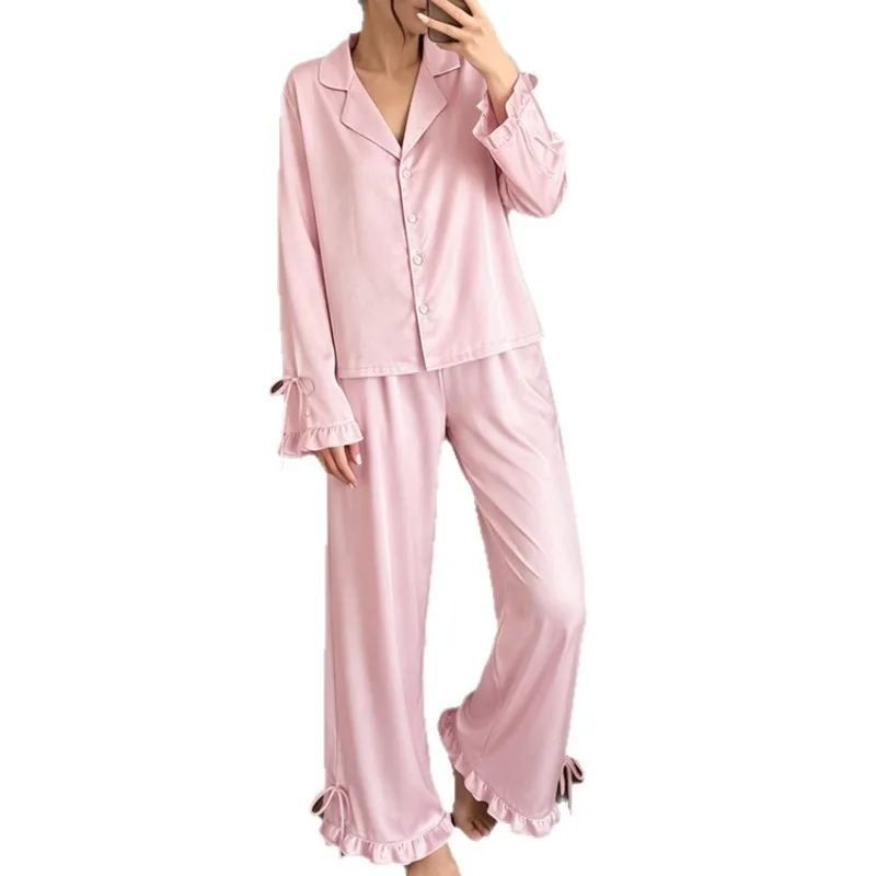 Women Satin Long Sleeve Pajama Set Lace Up Lapel Ruffle Trim Solid Color Soft Comfort Sleepwear Autumn Winter Loungewear L Size