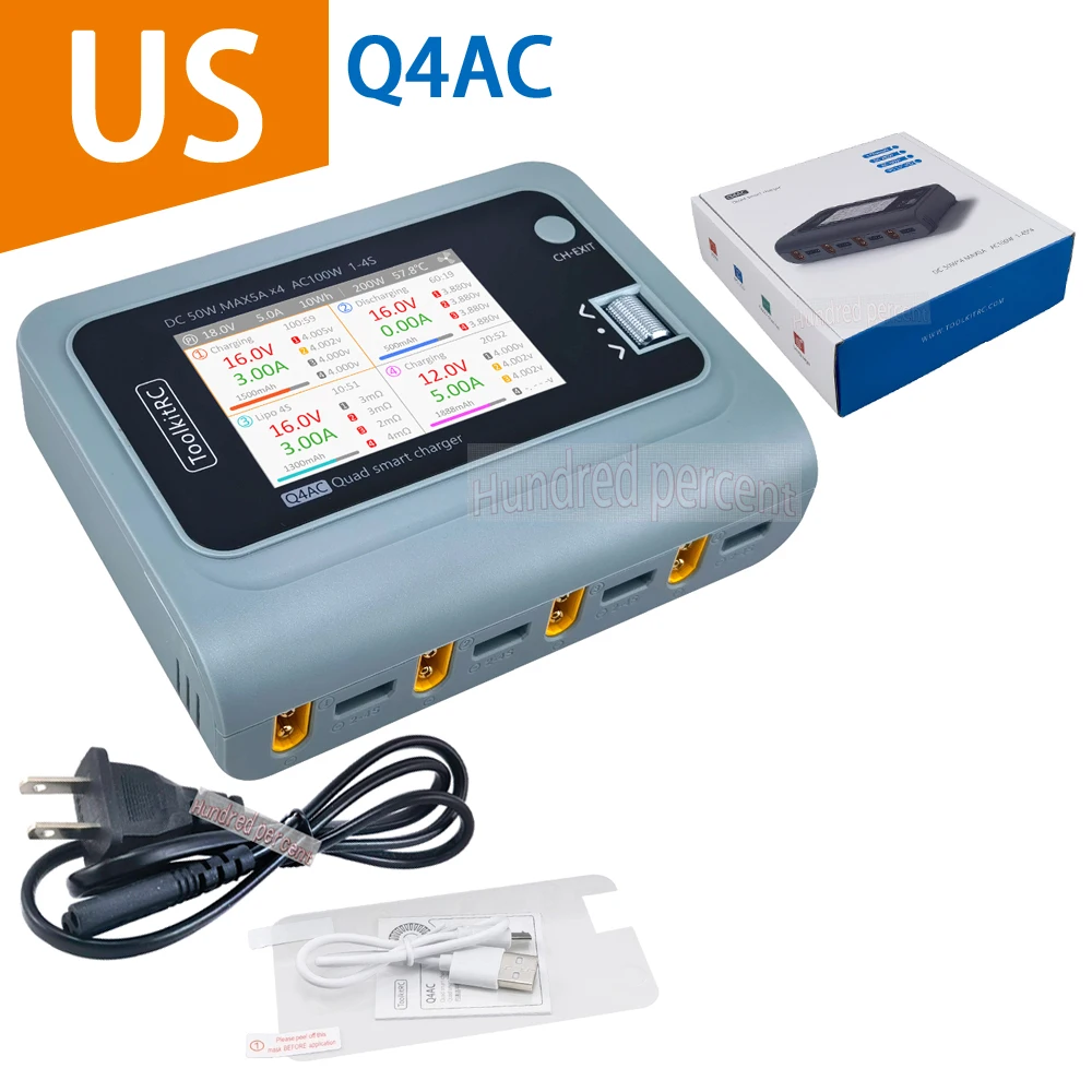 ToolkitRC Q4AC Ladegerät XT60 Adapter IPS hell mit klarem Weitwinkeldisplay 4x50 W 5 A AC 100 W 4-Port DC Smart Discharger AC DC 3