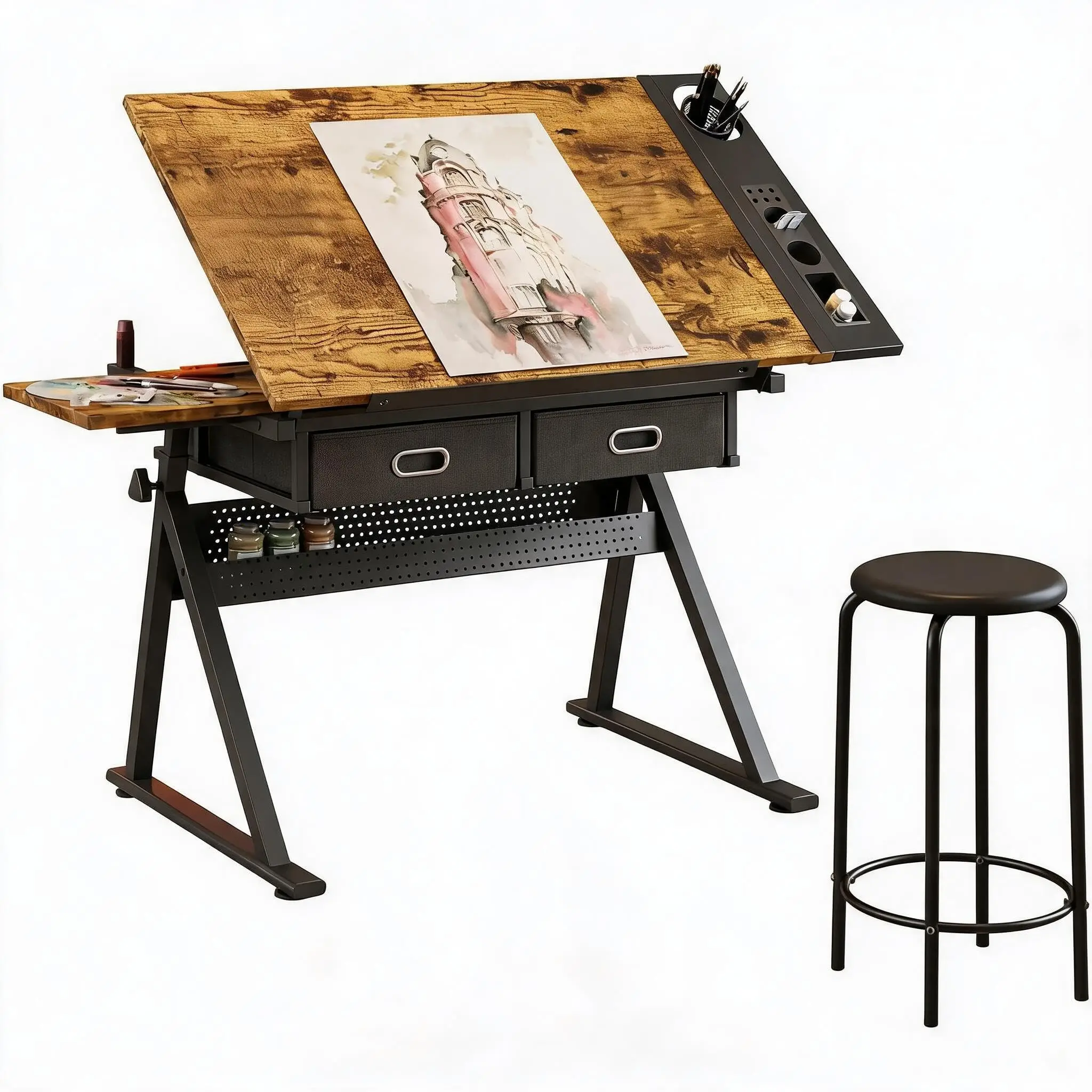 Height Adjustable Drafting Table, 0-75° ing Art Desk with Stool