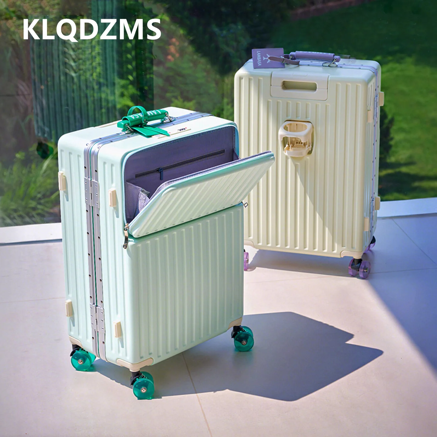 

KLQDZMS ABS+PC Suitcase Front Opening Laptop Boarding Case USB Charging Trolley Case 20"24"26"28 Inches High Capacity Luggage
