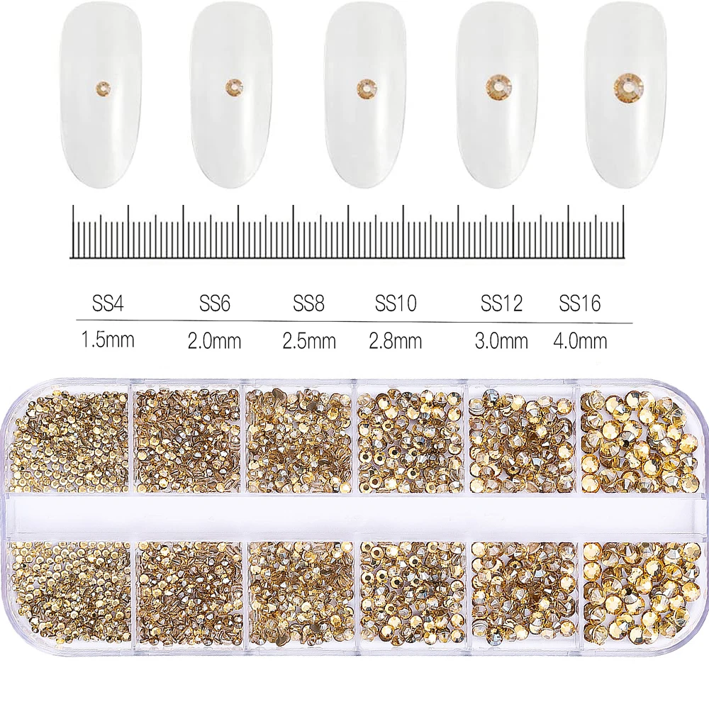 1.5mm-5mm Champagne Glass Crystal Nail Art Gems 12grids Flatback SS4-SS16 Mixed Nail Art Rhinestone Hotfix Diamond Nail Charms