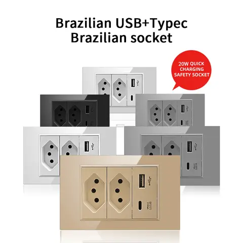 Herepow 브라질 표준 듀얼 USB 벽 소켓 C타입 20W 고속 충전 전원 콘센트, 스마트 가전 플러그 어댑터, 10A 20A
