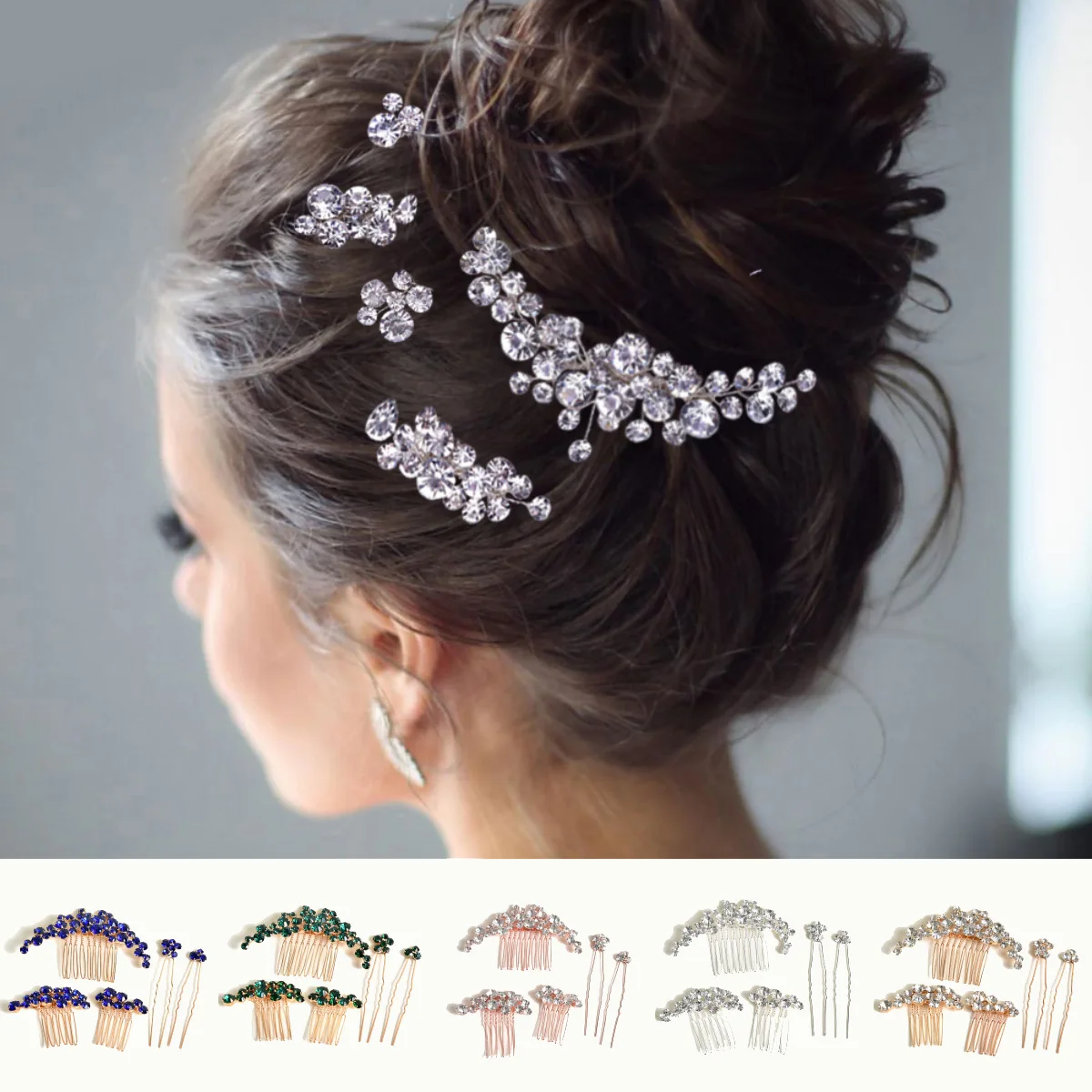 SLBRIDAL Handmade Wired Crystals Rhinestones Bridal Jewelry Set Wedding Hair Comb Hair Pin Set Women Bridesmaids Hair Jewelry