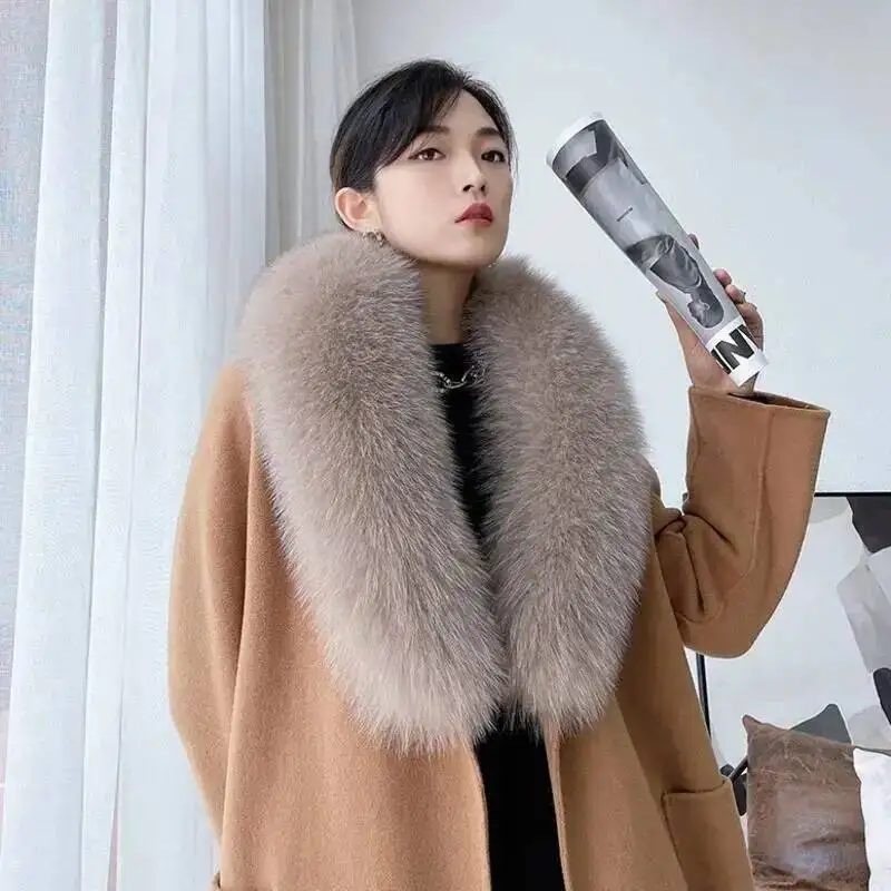 Quality Natural Fox Fur Collar Winter Hood Trims Decor Shawl Women Warm 100% Furry Scarf Big Size Shawl Luxury Female Scarves