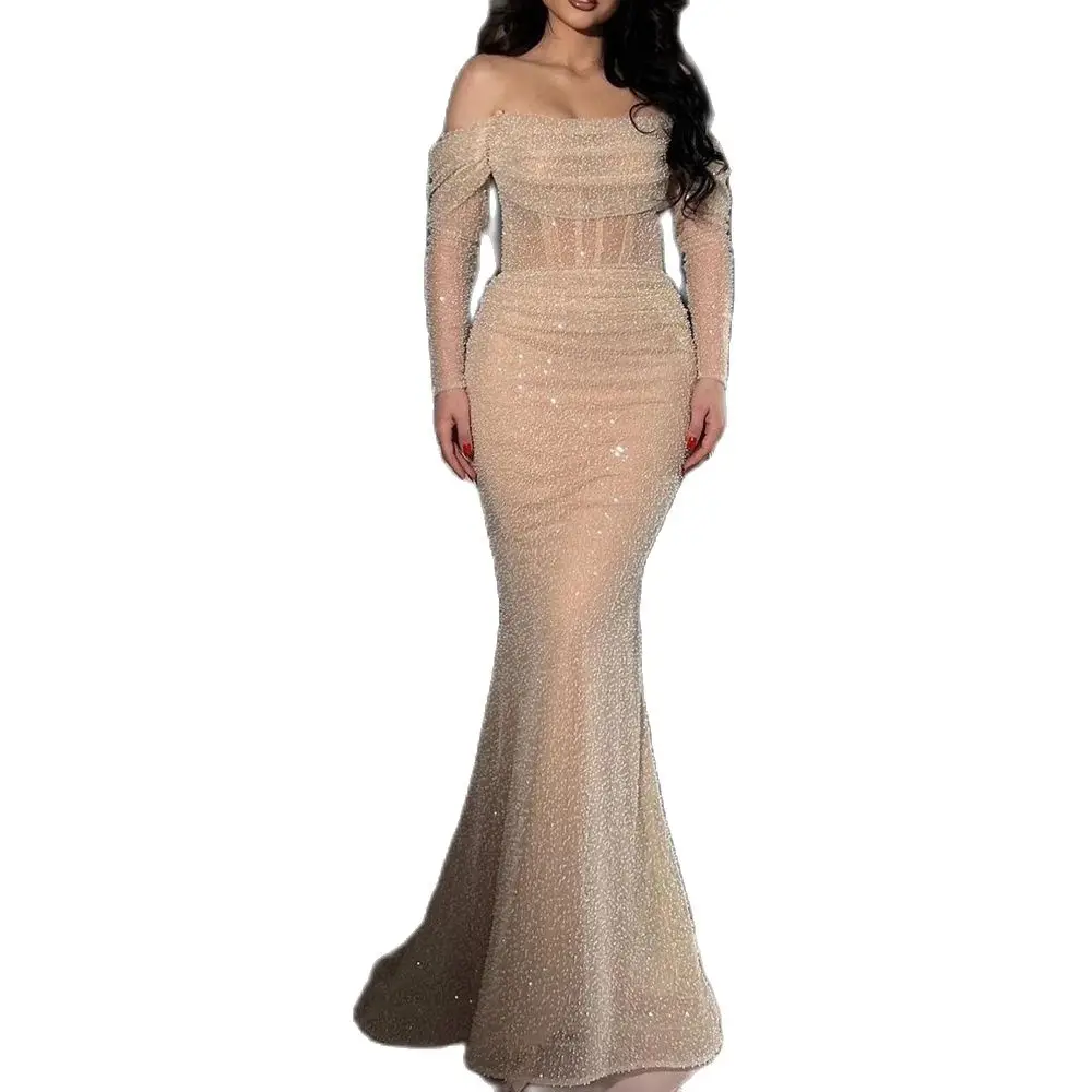 Champagne Chapel Train Evening Dress Long Sleeve Strapless Mermaid Special Occasion Fashion Custom Made Prom Gowns