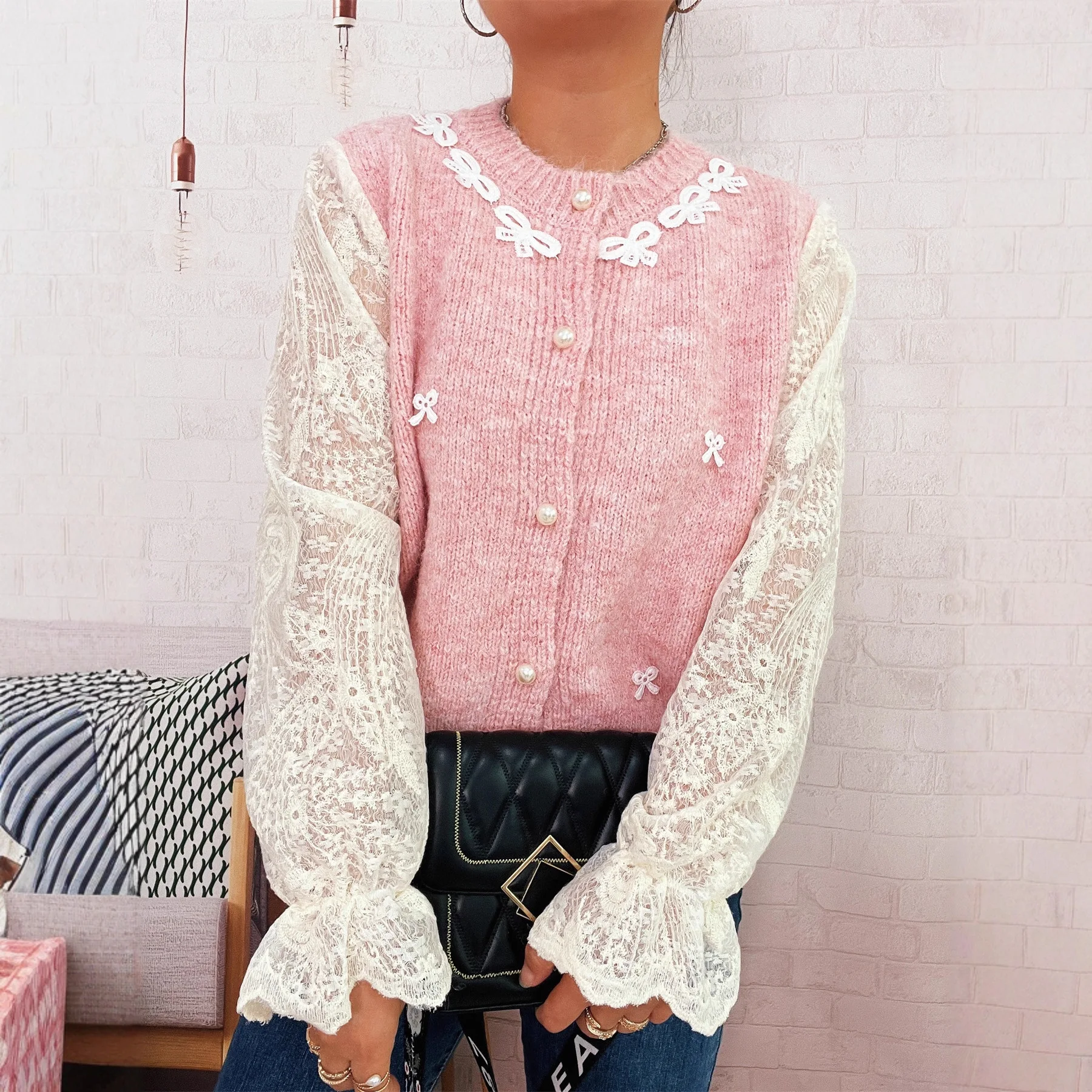 

Spring Fall Lace Long Sleeve Stand Up Collar Sweater For Women Stylish Loose Solid Color Cardigan Casual Ruffled Sweaters Tops