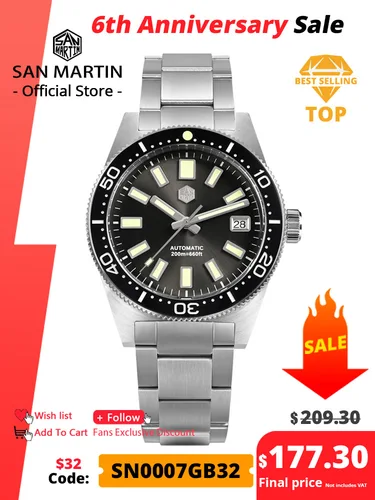 Reloj de buceo San Martin 62mas 39mm clásico NH35 hombres relojes mecánicos automáticos zafiro impermeable 200m SLN C3 luminoso SN0007