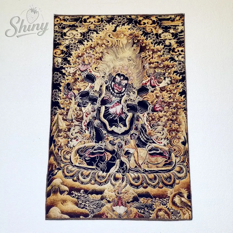 35.4″ Black Gold Six-Armed Mahakala Brocade Tibetan Tangka Embroidery Painting Gold Thread Embroidery Decorative Hanging Picture