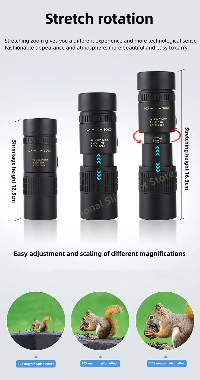 Leistungsstarkes Monokular-Teleskop mit 10-300-fachem Zoom, professionelles Monokular-Teleskop, HD, hochwertiges BAK4-Prisma, tragbares Camping – Detail 2