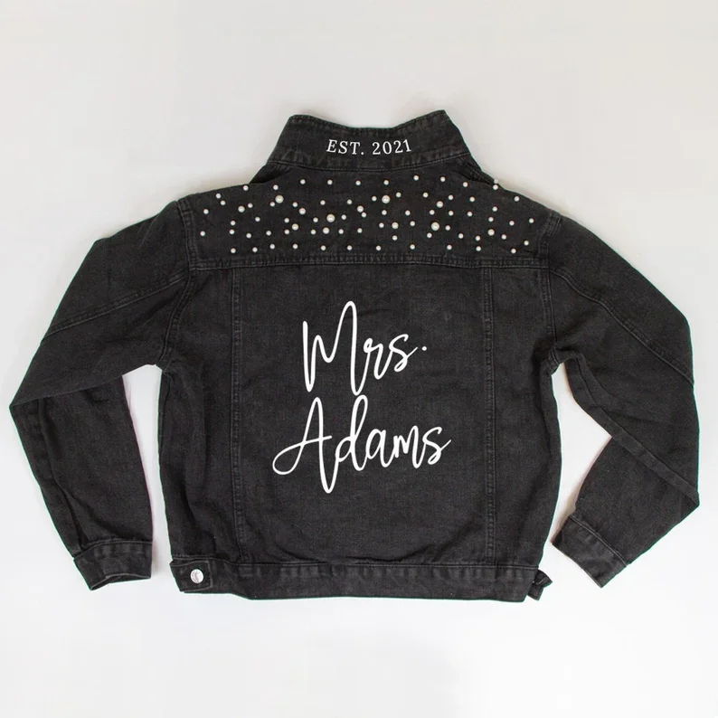 

Wedding Black Pearl Custom Mrs. Last Name Jean Jacket Custom Denim Jacket, Bride Black Denim Jacket, Bridal Shower Denim Jackets