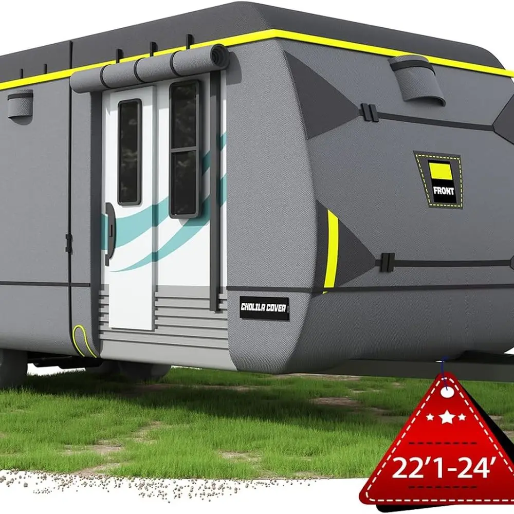 Fit 22'-24' Travel Trailer Toy Hauler & Camper Cover, Heavy Duty 600D Waterproof Motorhome Cover, Windproof Straps, Anti-UV, Adh