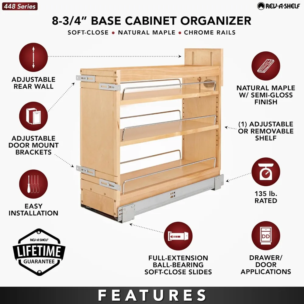 Rev-A-Shelf 8" Pullout Storage Organizer for Base Kitchen/Bathroom Cabinets, Spice Rack Pantry Shelves with Soft-Close Slides, W