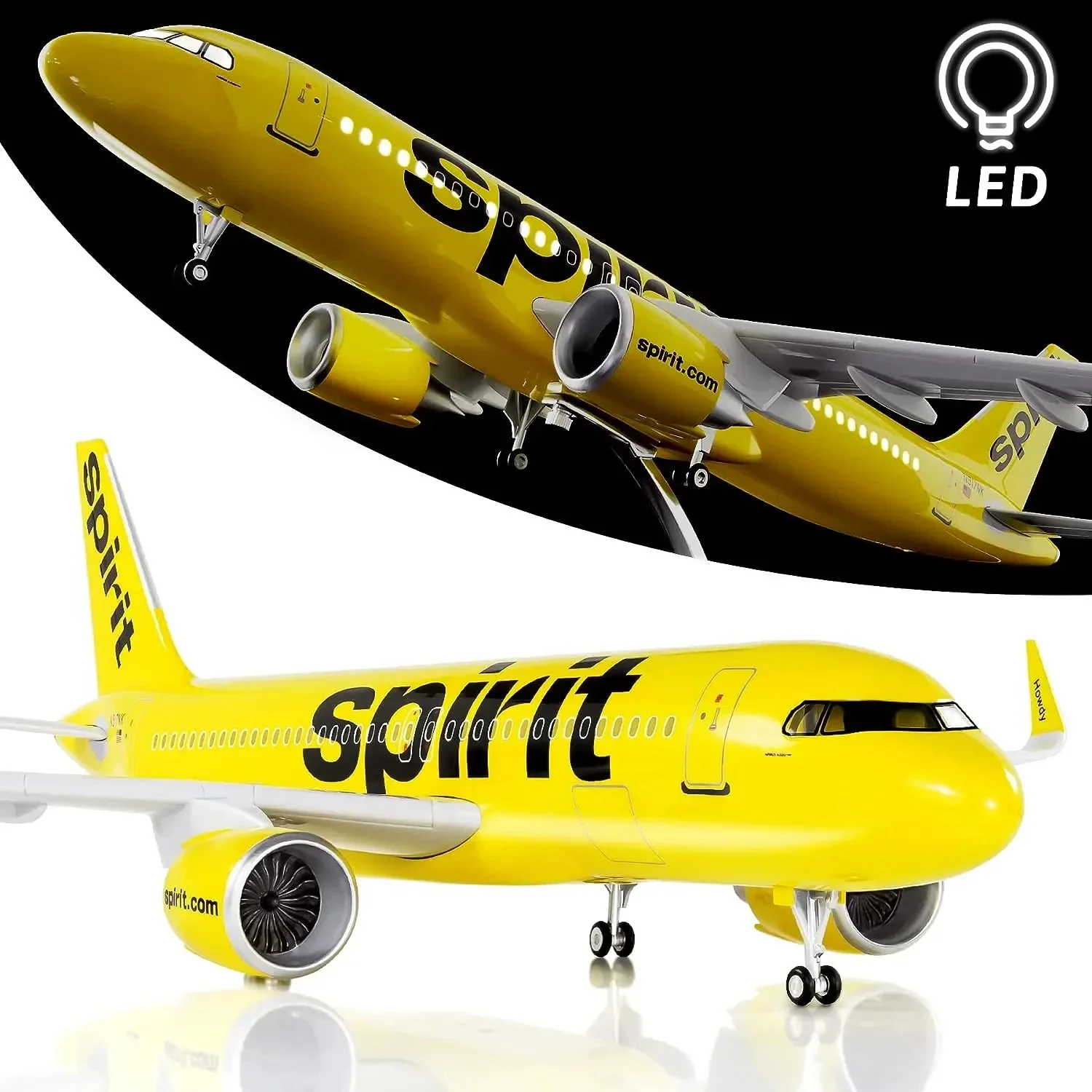 1:80 Scale Large Airplane Model Spirit Airlines Airbus 320 Plane Model Diecast Airplanes with LED Light for Collection or Gift