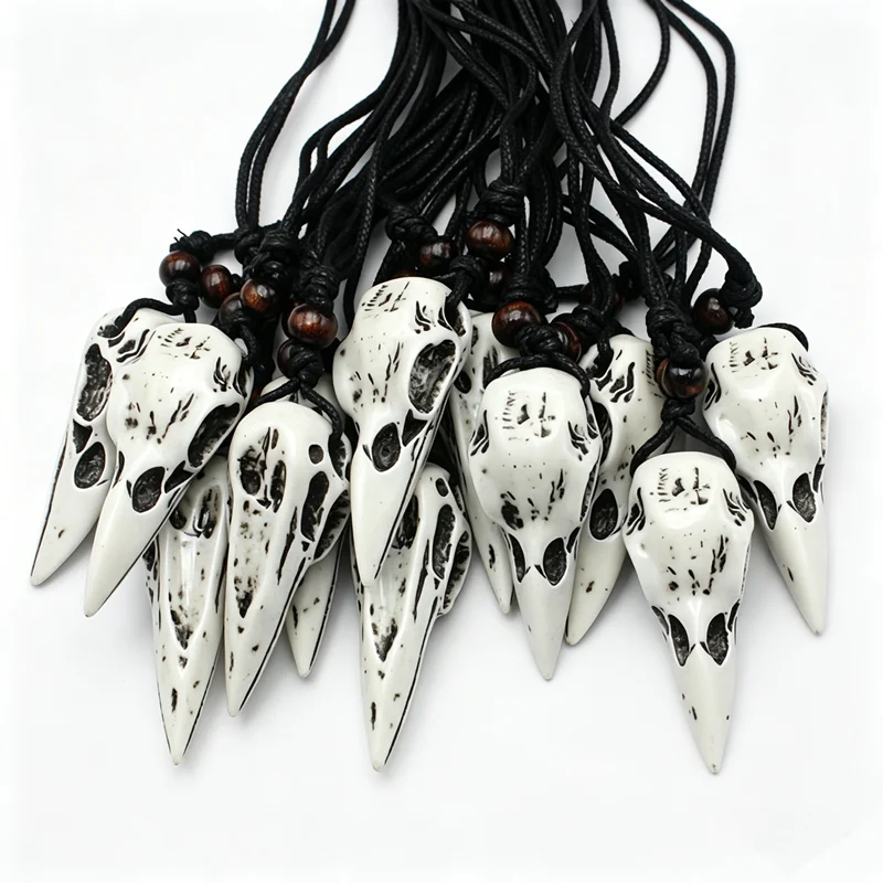 12Pcs Raven Skull Necklace Set - Resin Gothic Crow Head Pendant, 3 Colors Black Cord Adjustable Necklaces