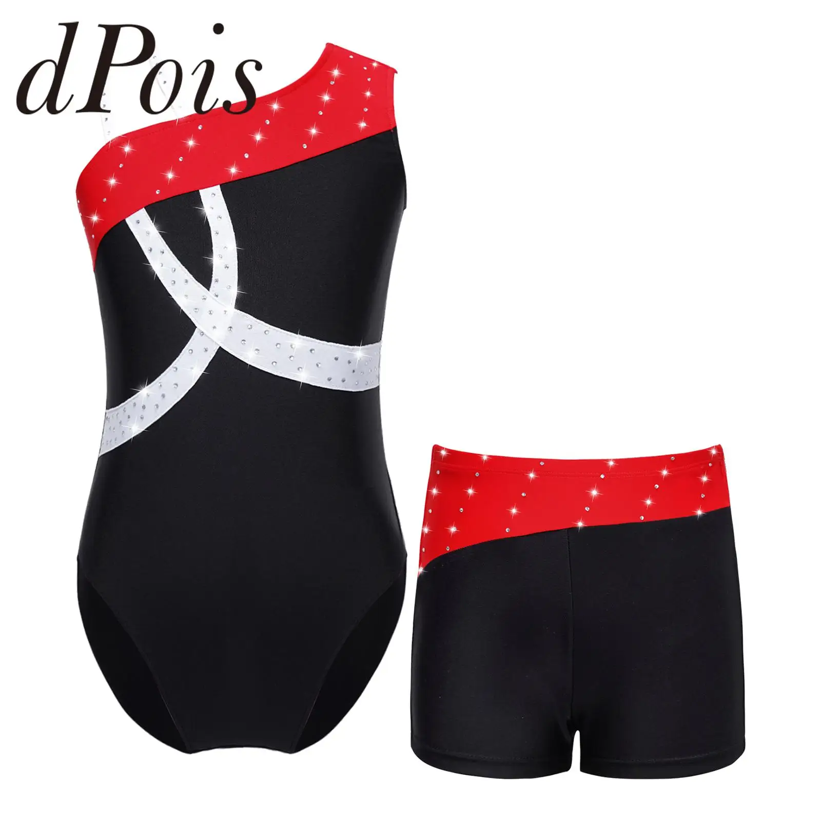 Kids Girls Sleeveless Oblique Shoulder Shiny Rhinestone Gymnastics Jumpsuit with Boxer Shorts Gymnastics Leotard Ballet Outfit