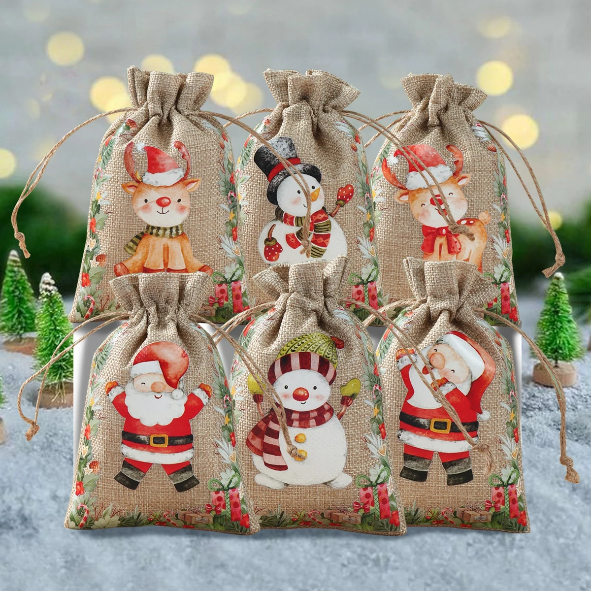 6pcs Linen Cotton Gift Candy Bags Merry Christmas Decoration 2024 Christmas Navidad Natal New Year 2025 Packing Gift Bag