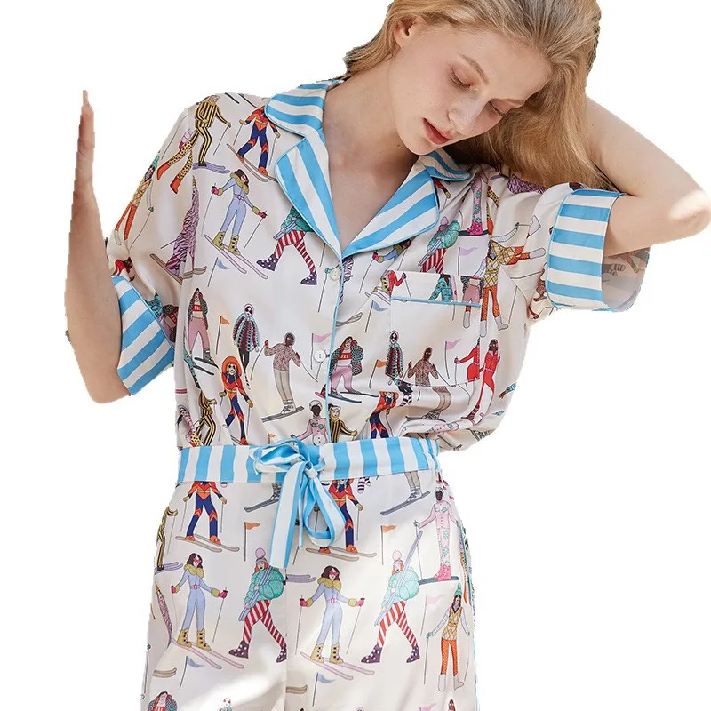 HELLOMARCEL Luxury Quality Skiing Ice Silk Pajamas For Women Short-Sleeved European American Casual Loungewear Set 5