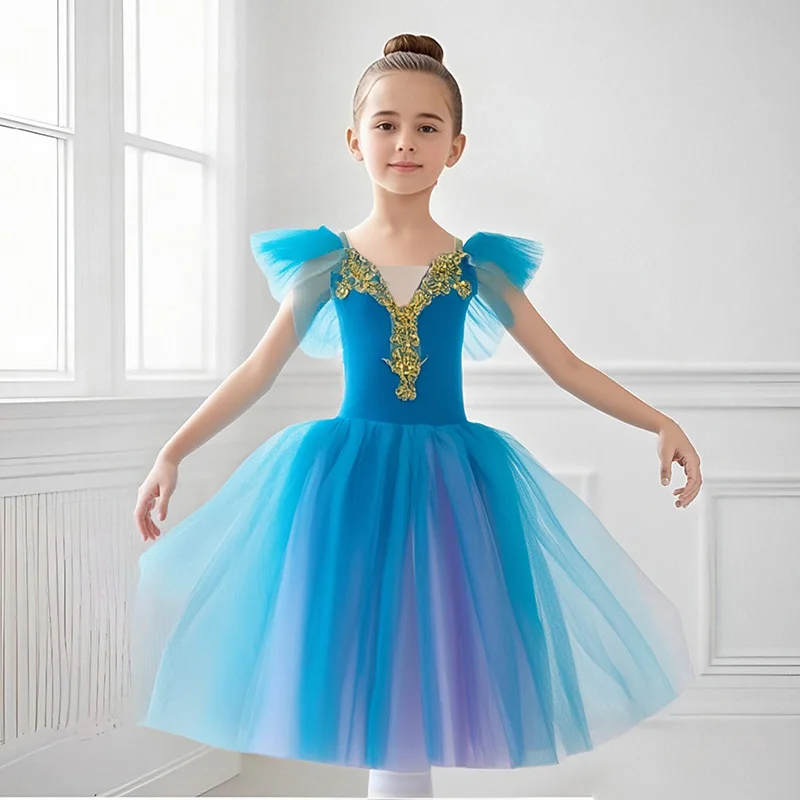 여자를위한 블루 발레 댄스 투투 레오타드 긴 Tulle 스커트 리본 파티 착용 댄스웨어와 발레리나 요정 의상