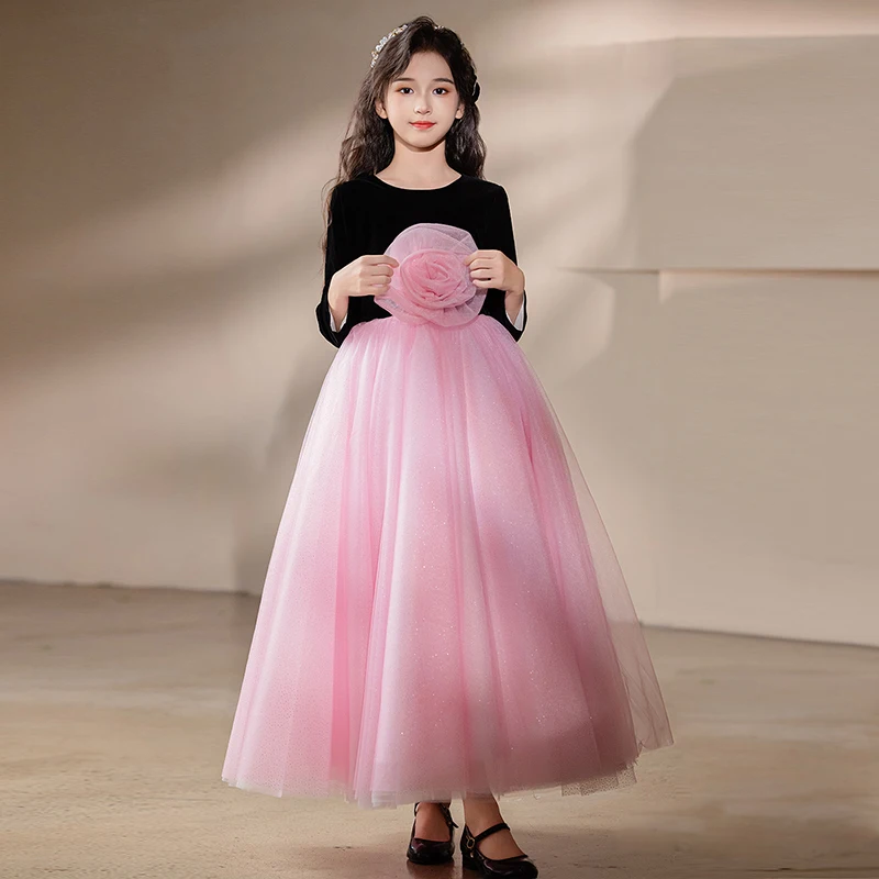 Girls dress black velvet long sleeves floor-length birthday dinner princess dress fluffy tulle