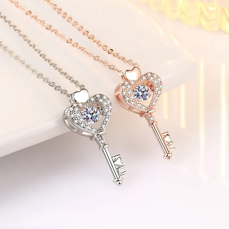 Personality Rose Gold Crystal Heart Letter Key Pendant Women Jewelry Fashion Lady Silver 925 Women Choker Necklace With Stones