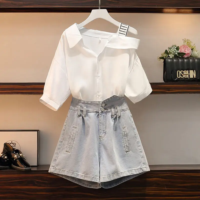 V-neck Off Shoulder Short Sleeved Patchwork Chiffon Shirt Personalized Denim Shorts Two-piece Elegant Women\'s Shorts Set Outfits