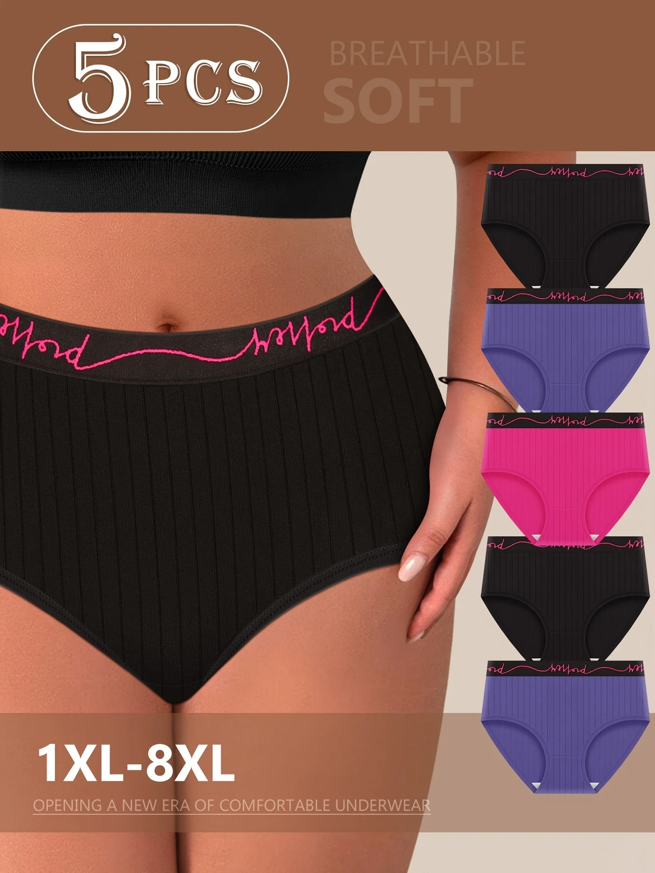 5pcs Pack Plus Size Underwear, Oversized Women'S Panties, Mid-Rise with Letter Waistband & Vertical 