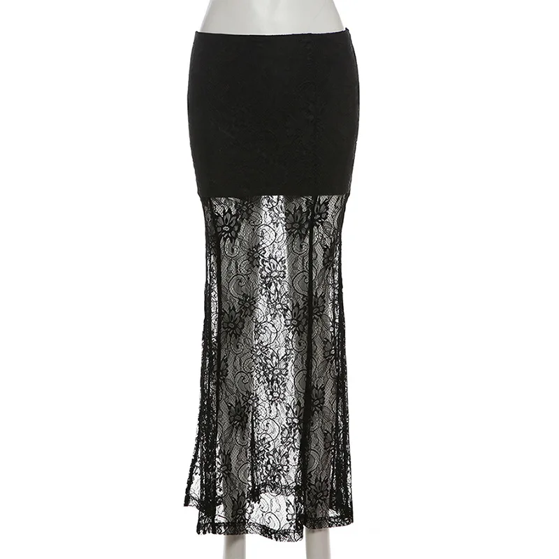 Goth Dark Lace Patchwork Long Skirt Mall Gothic Coquette High Waist Bodycon Skirts Sexy Sheer Hem Split Bottoms Elegant Techwear