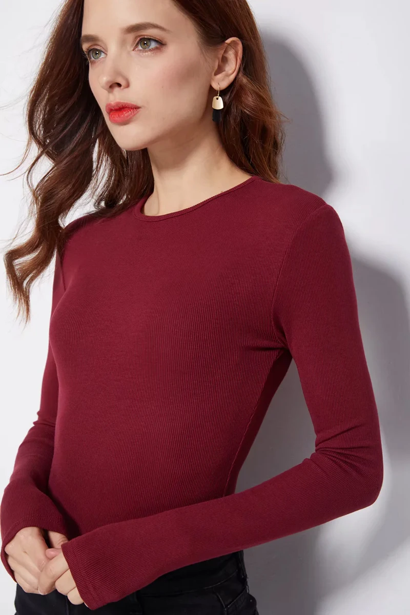 Damskie body z długim rękawem, prążkowane, z okrągłym dekoltem, wykonane z bawełny, 8 kolorów