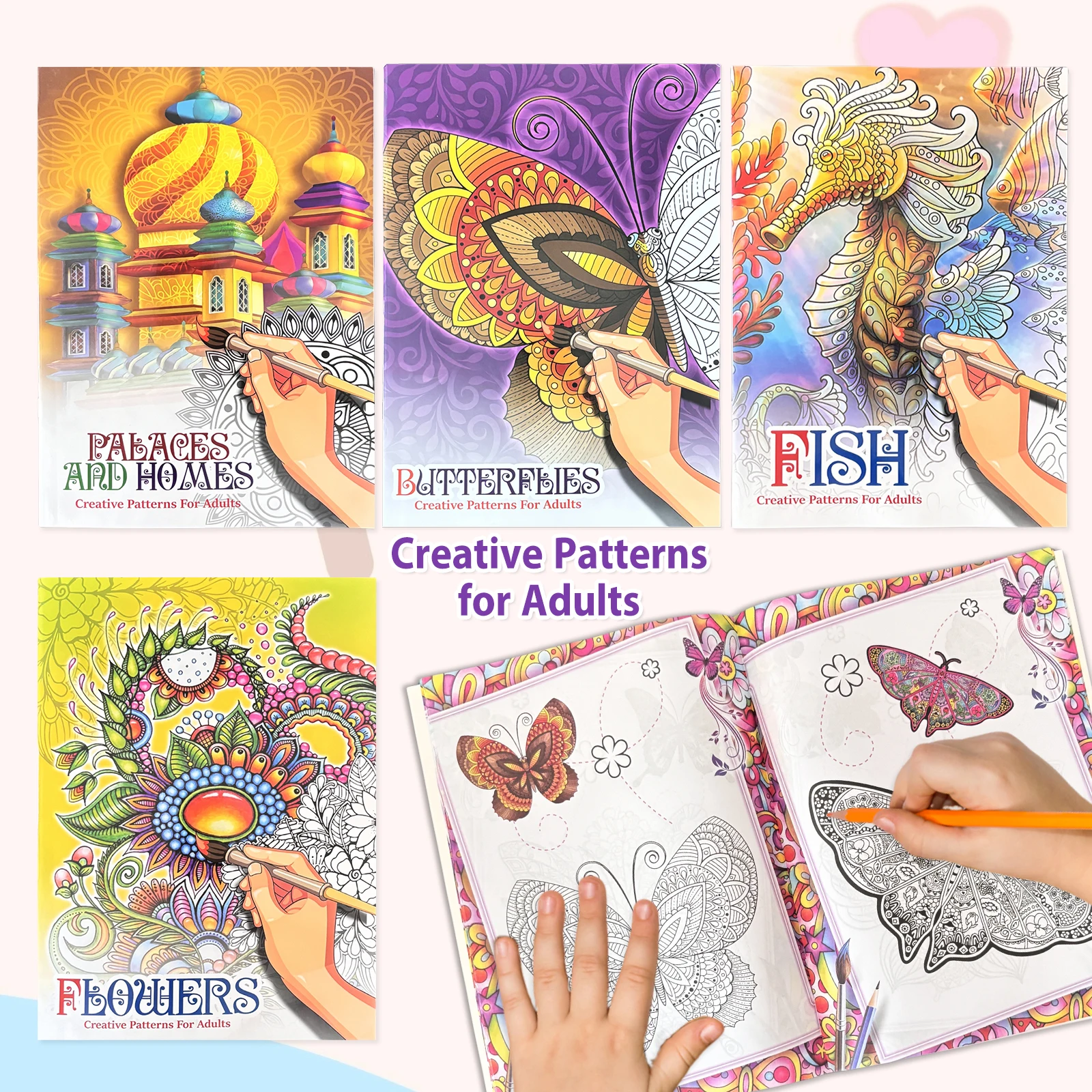 Livre de coloriage pour adultes avec 4 motifs créatifs sur le thème des palais, des papillons, des poissons et des fleurs, pour soulager le stress et favoriser la pleine conscience