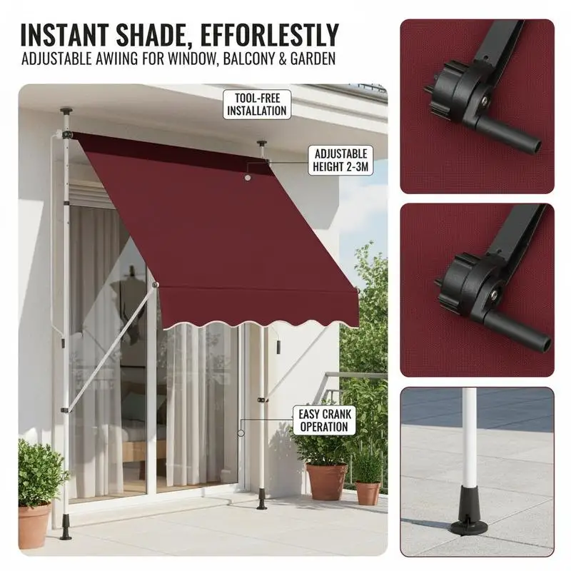 Picture 3: Manual Retractable Awning 150x125CM Adjustable Height 2-3M No Drilling Metal and Fabric for Window Balcony or Garden Red