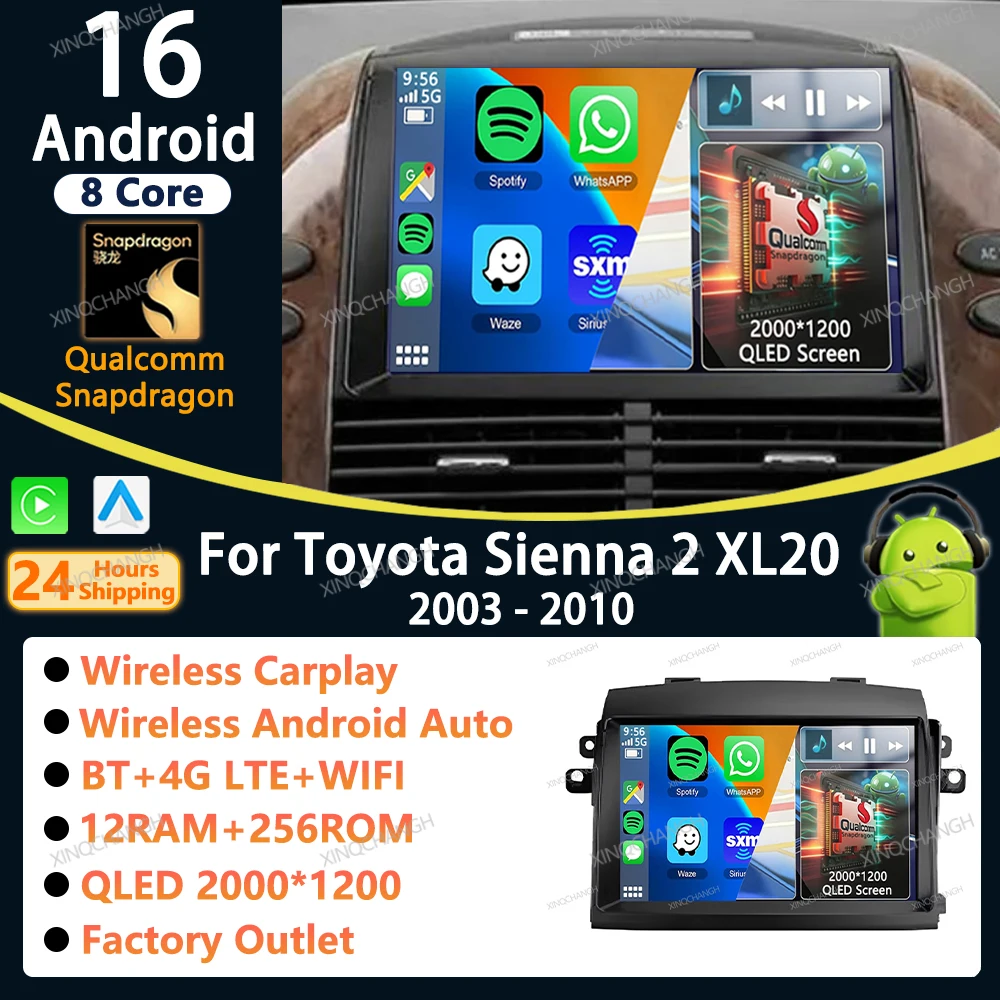 Radio para Auto Android 16 con Carplay para Toyota Sienna 2 XL20 2003-2010, Accesorios, Kit de Panel de Montaje en el Tablero, Unidad Principal Estéreo con Video
